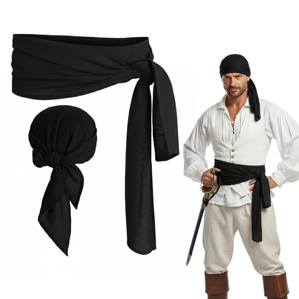 2133 Black Pirate Bandana Head Scarf Sash Renaissance Accesories Waist